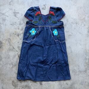 Y2K Va Va Denim Embroidered Mexican Dress Blue Womens S Floral
